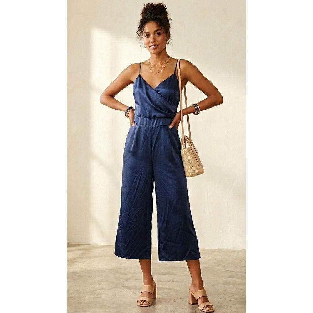 Nasty Gal Satin Wide Leg Jumpsuit Womens 10 Navy Blue Wrap Neck Cocktail Glam